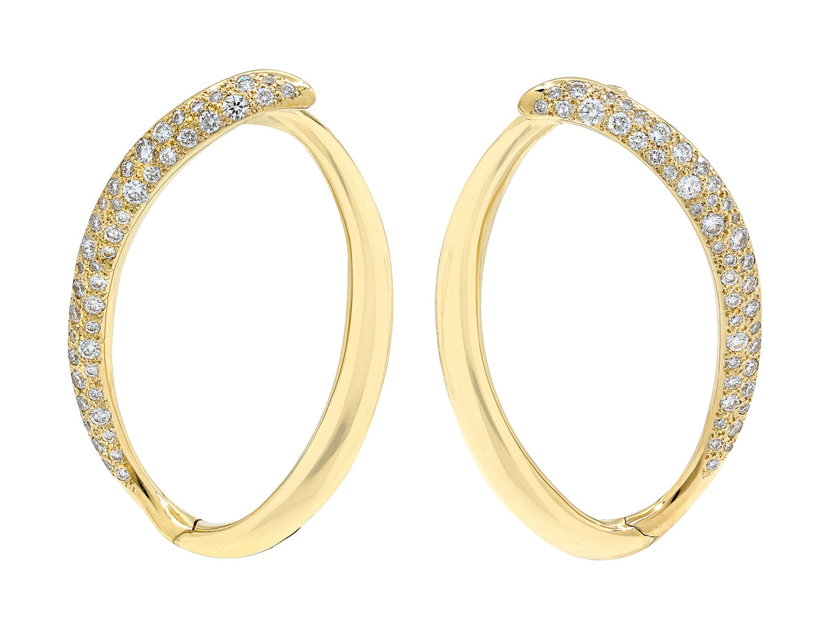Pair of elongated 18K yellow gold diamond loop earrings