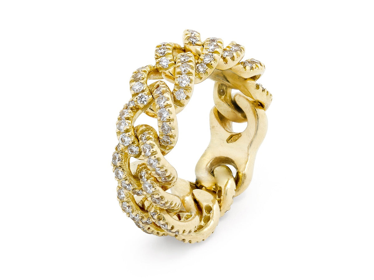 Diamond link ring in 18K gold with pavé diamonds