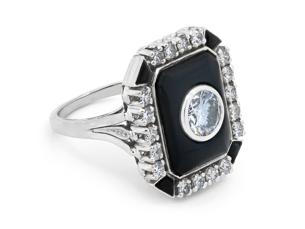 Art Deco style onyx ring with diamond border
