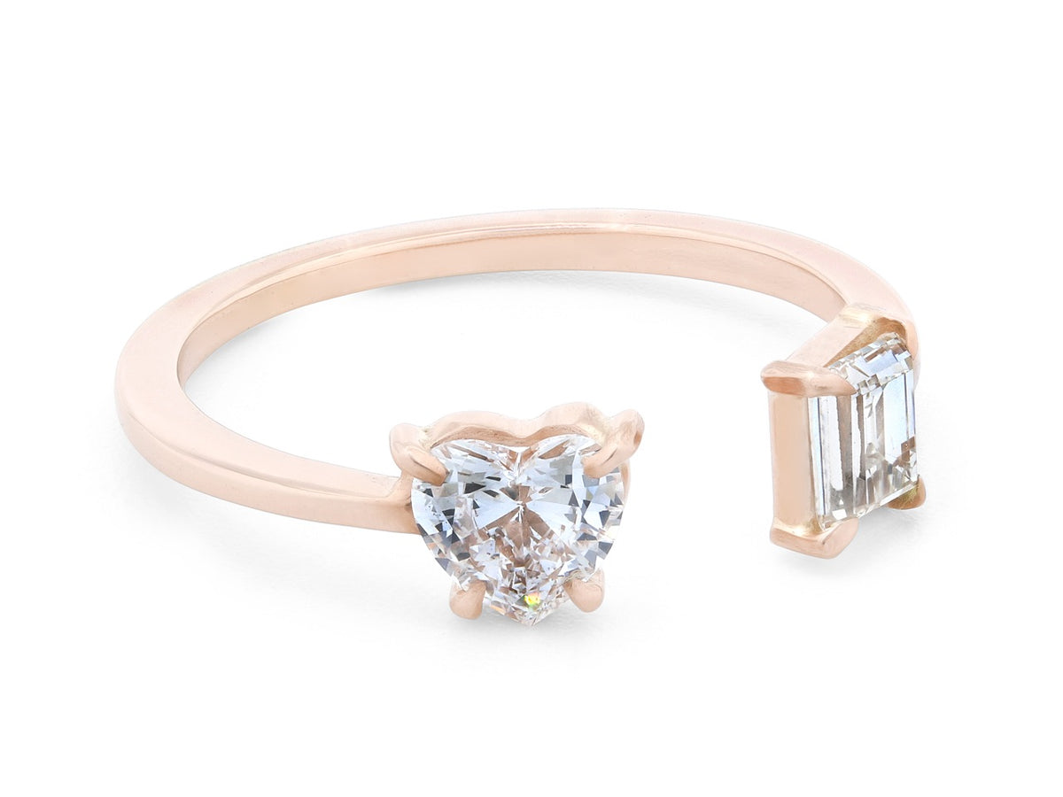 Open 18K rose gold ring with heart and step cut diamonds