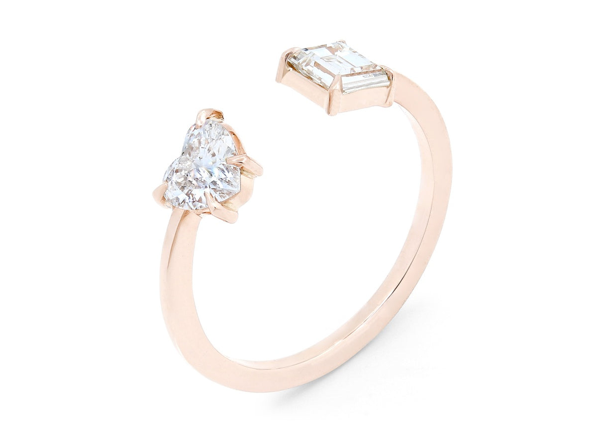 18K rose gold open ring with heart and step-cut diamonds