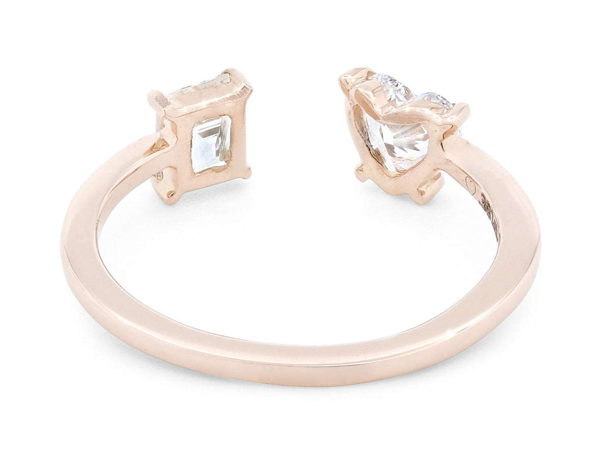 Open 18K rose gold ring with heart and step cut diamonds