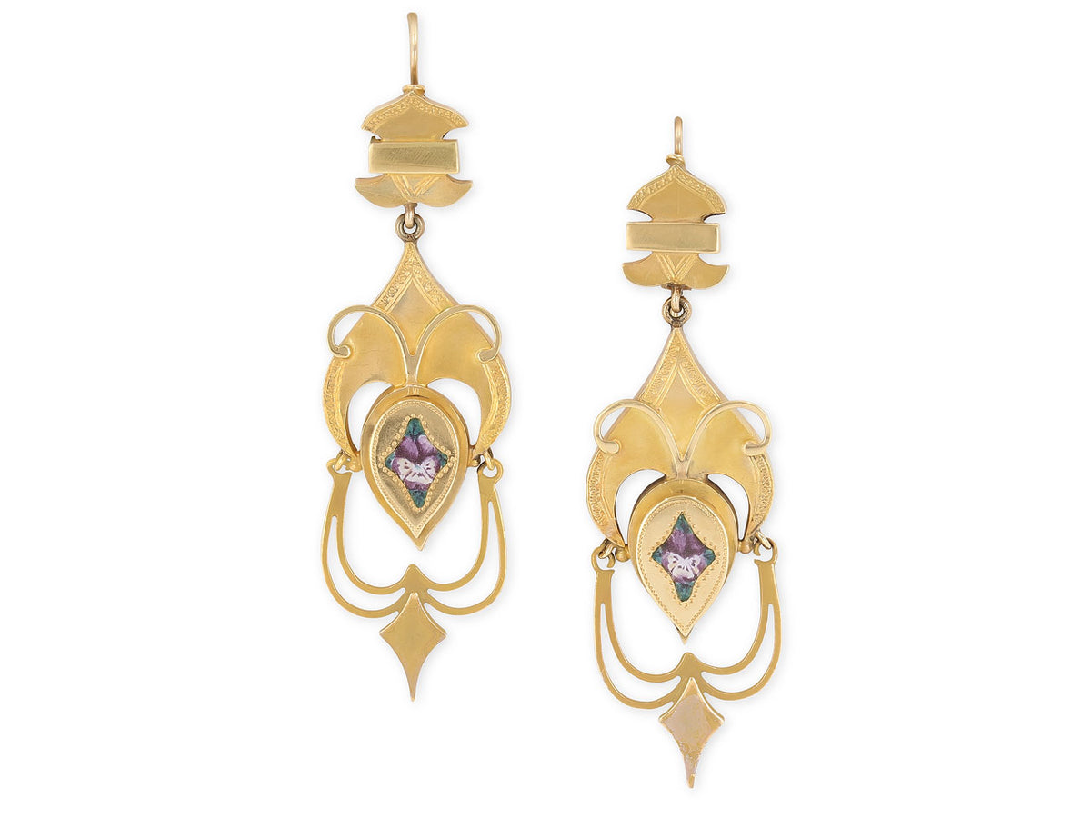 Ornate gold earrings with purple enamel pansy flowers