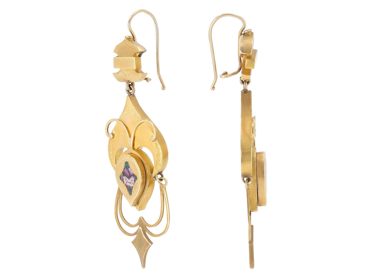Antique 18K gold earrings with purple enamel pansy flowers