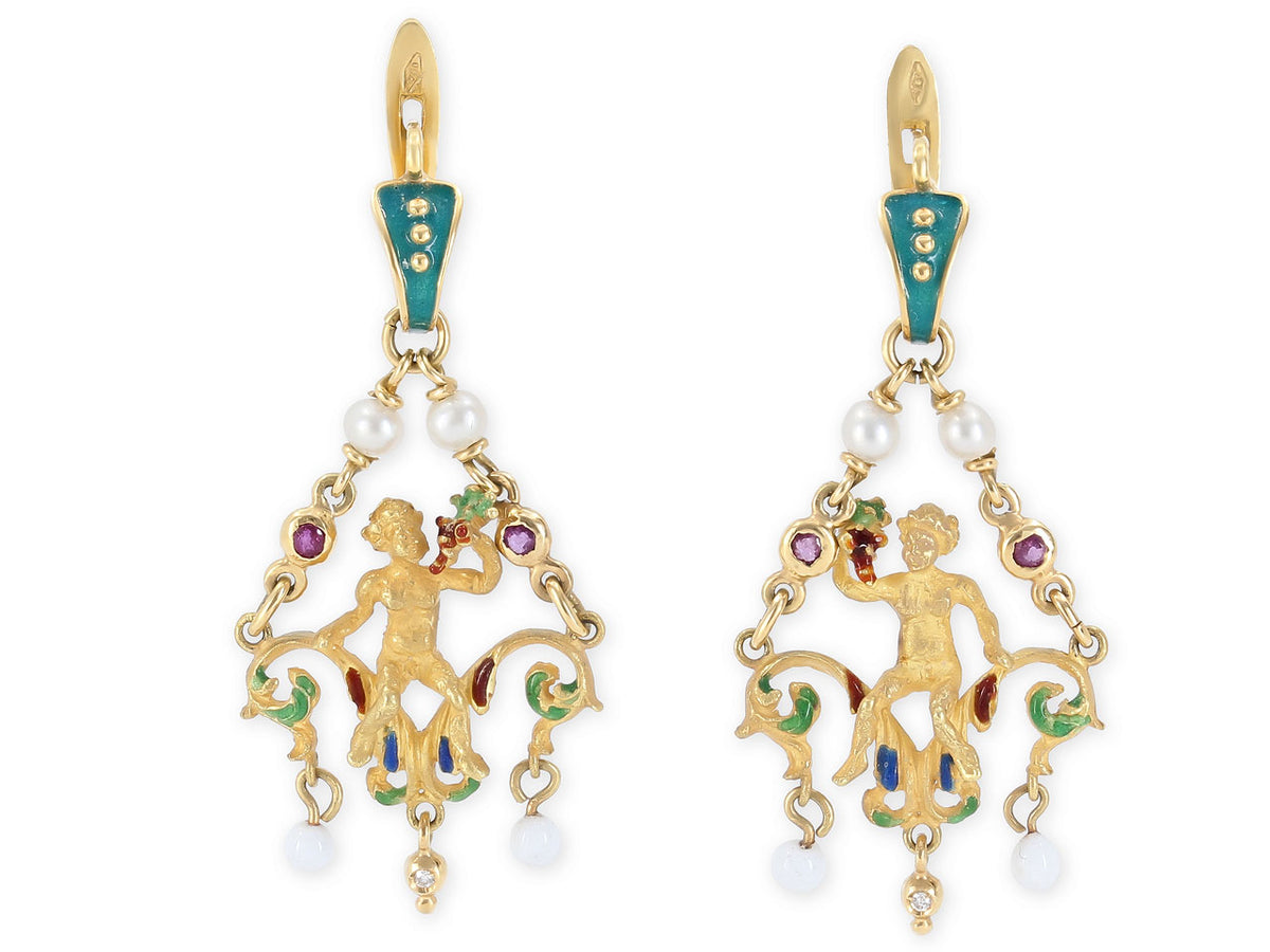 Antique style 18K gold Bacchus earrings with enamel foliage