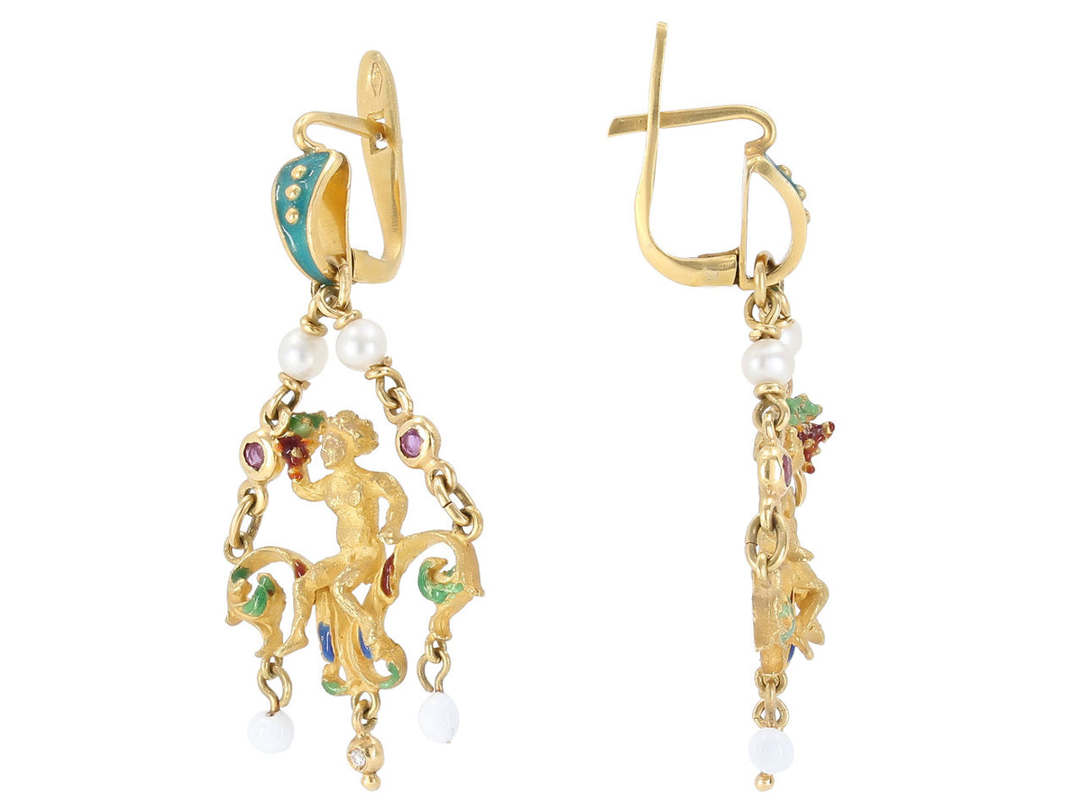 Antique style 18K gold Bacchus earrings with enamel and pearls