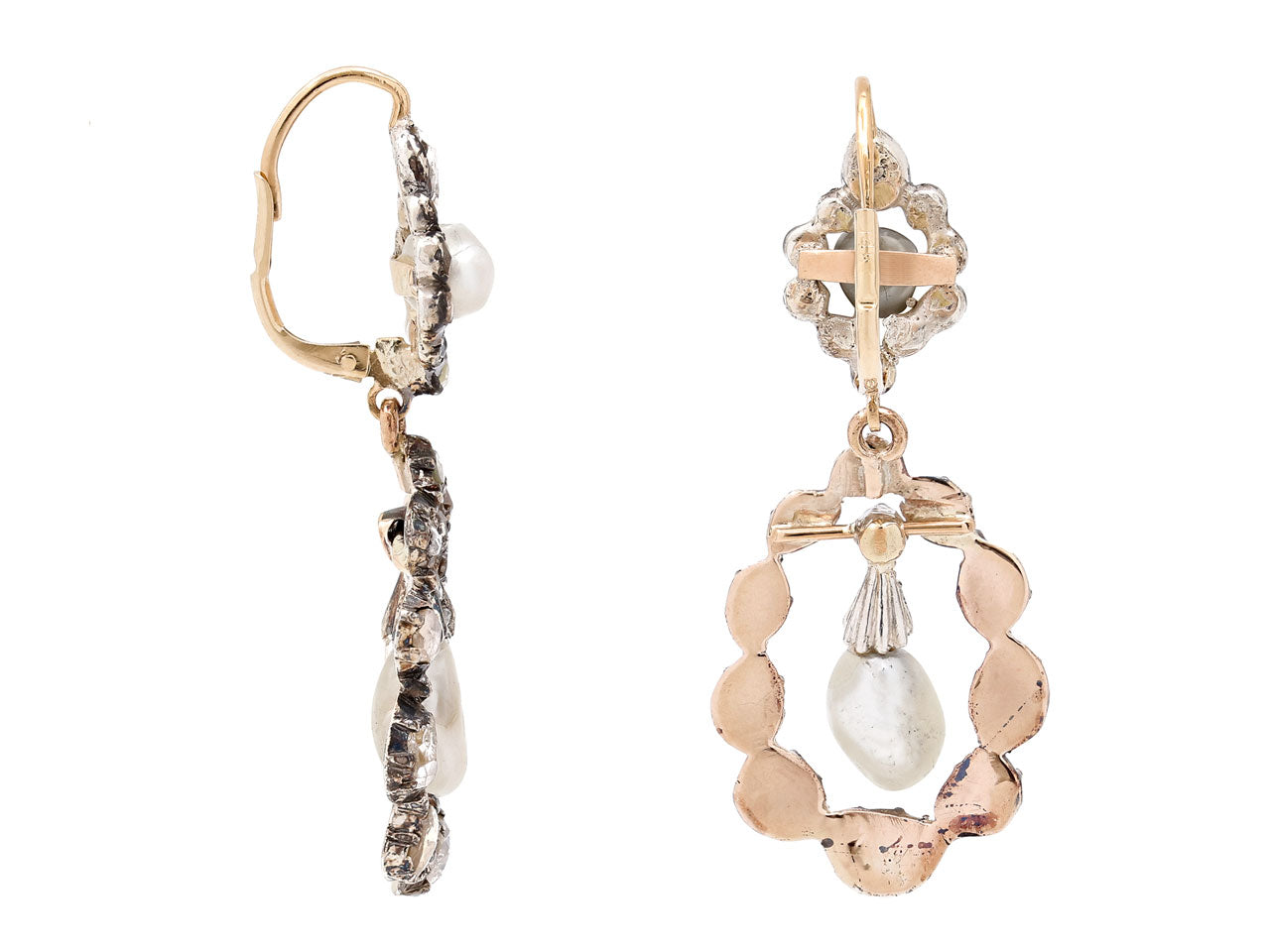 Antique Georgian Diamond and Pearl Earrings in Silver Over 9K Gold