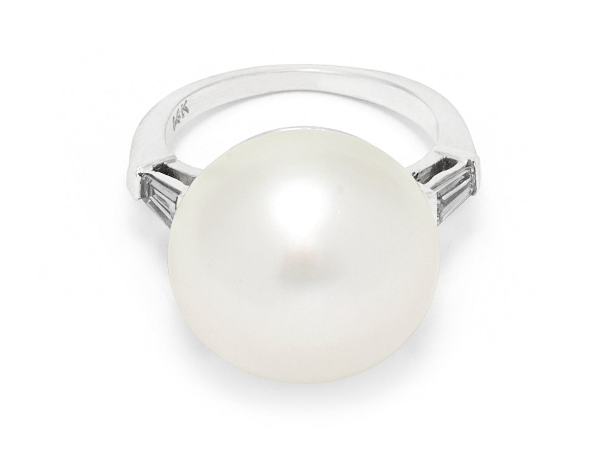 South Sea button pearl ring with diamond shoulders