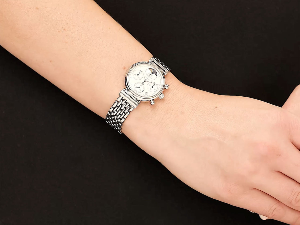 IWC stainless steel chronograph watch on a wrist