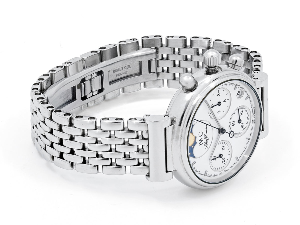 IWC Da Vinci chronograph watch with stainless steel bracelet and moon phase dial