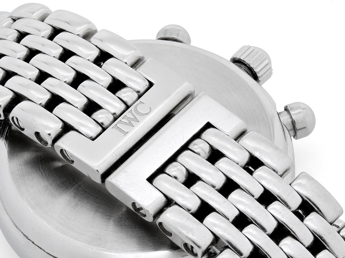 Stainless steel IWC watch bracelet and clasp close up