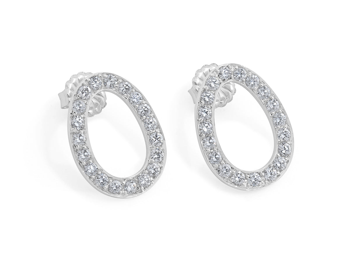 Open oval diamond hoop earrings in 18K white gold