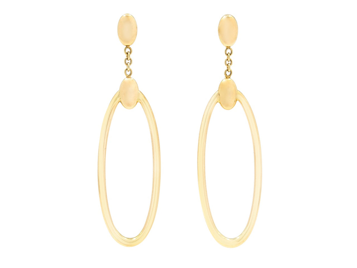18k gold elongated hoop earrings with oval tops and links