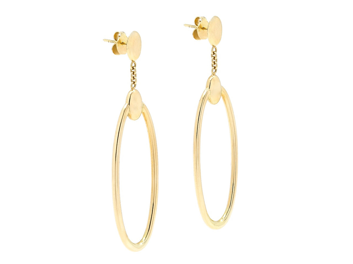 18k gold elongated hoop earrings with disc tops