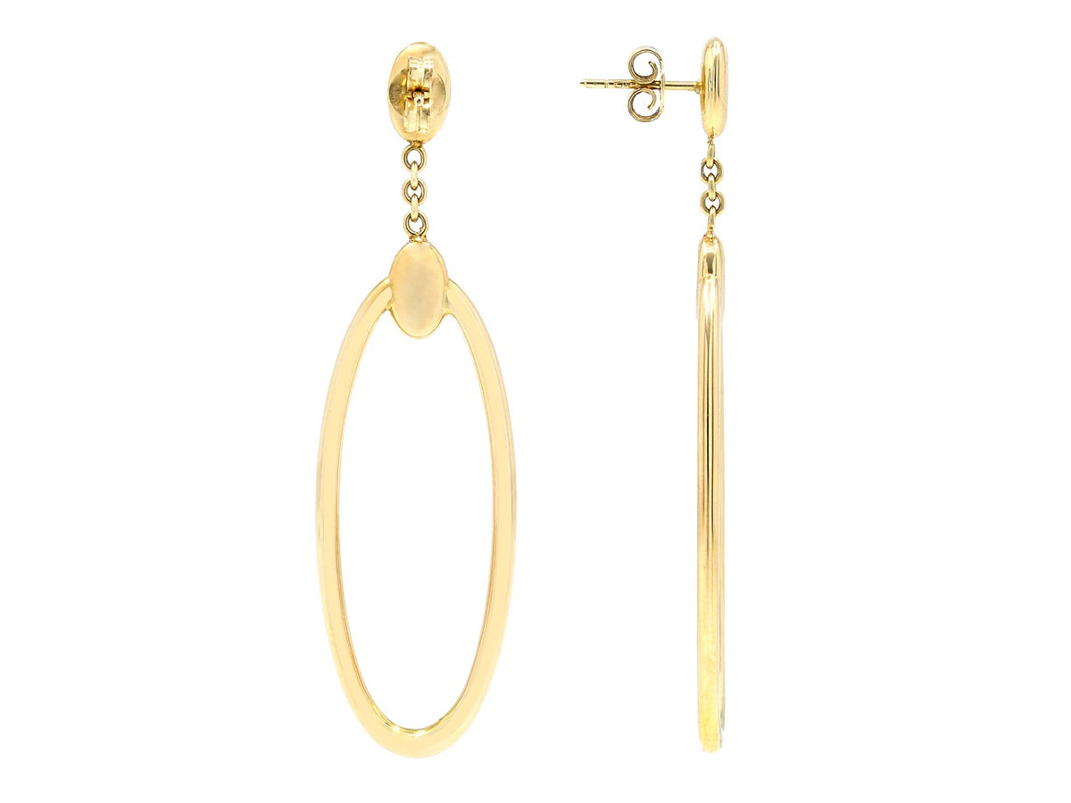18k gold elongated hoop earrings with linked disc tops