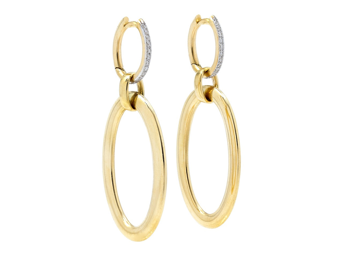 18K gold elongated hoop earrings with diamond tops
