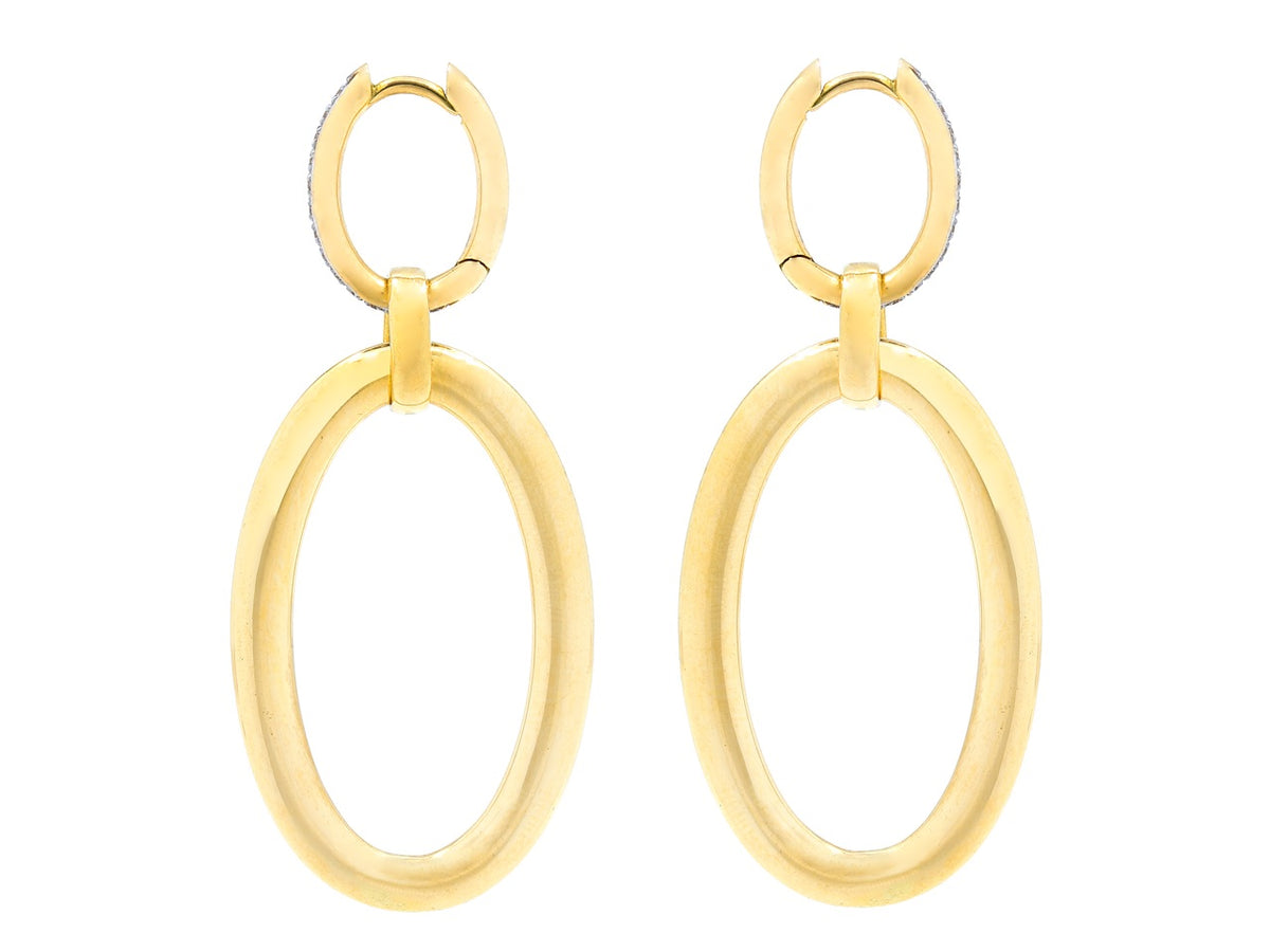 18K gold elongated hoop earrings with diamond set tops