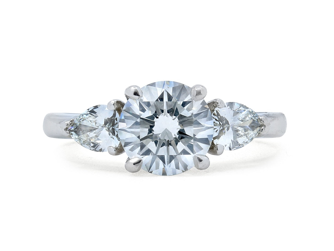 Diamond Solitaire Ring, 1.42 carat H/SI-1 with Pear-shape Diamond Shoulders, in Platinum