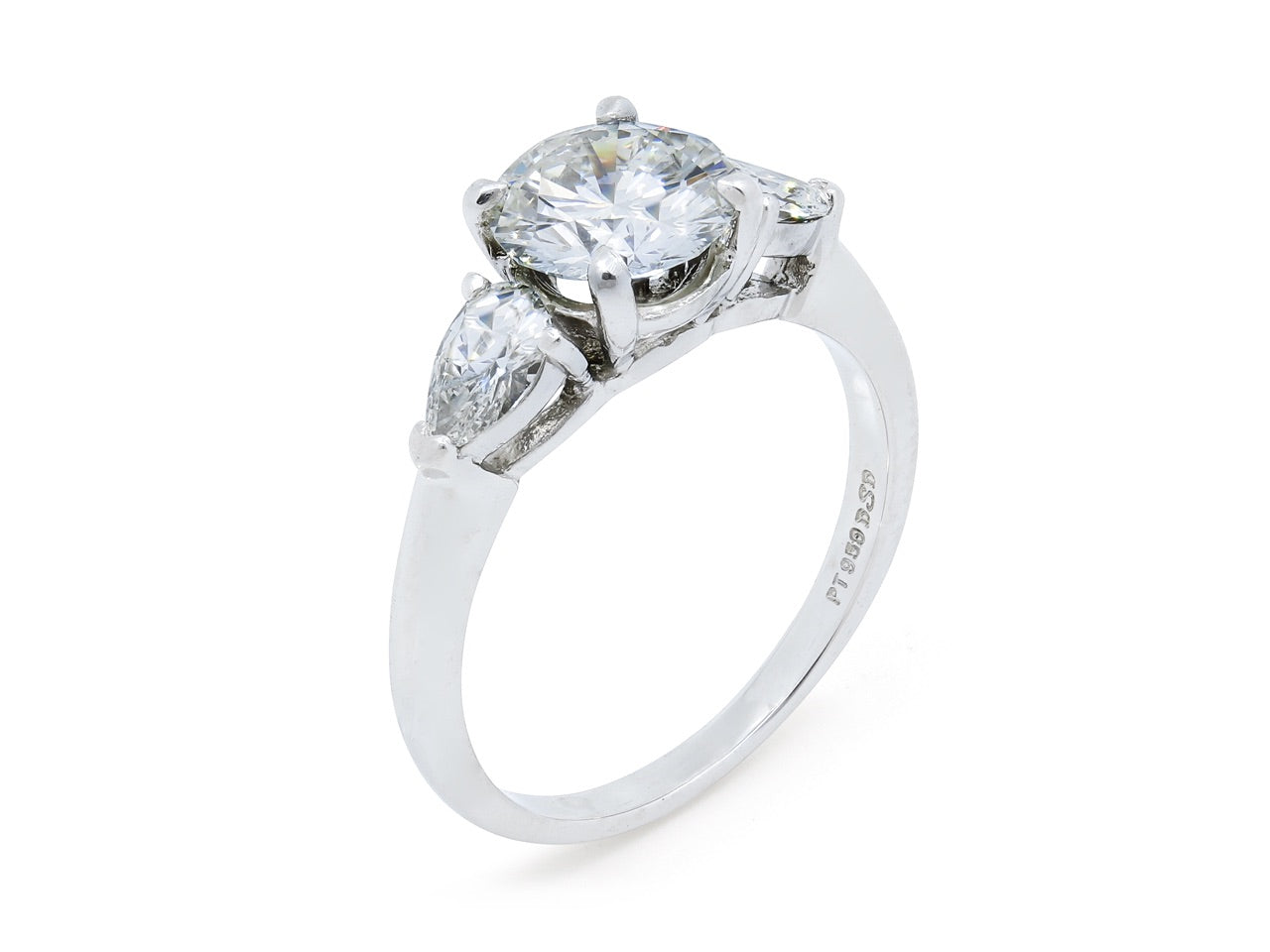 Diamond Solitaire Ring, 1.42 carat H/SI-1 with Pear-shape Diamond Shoulders, in Platinum