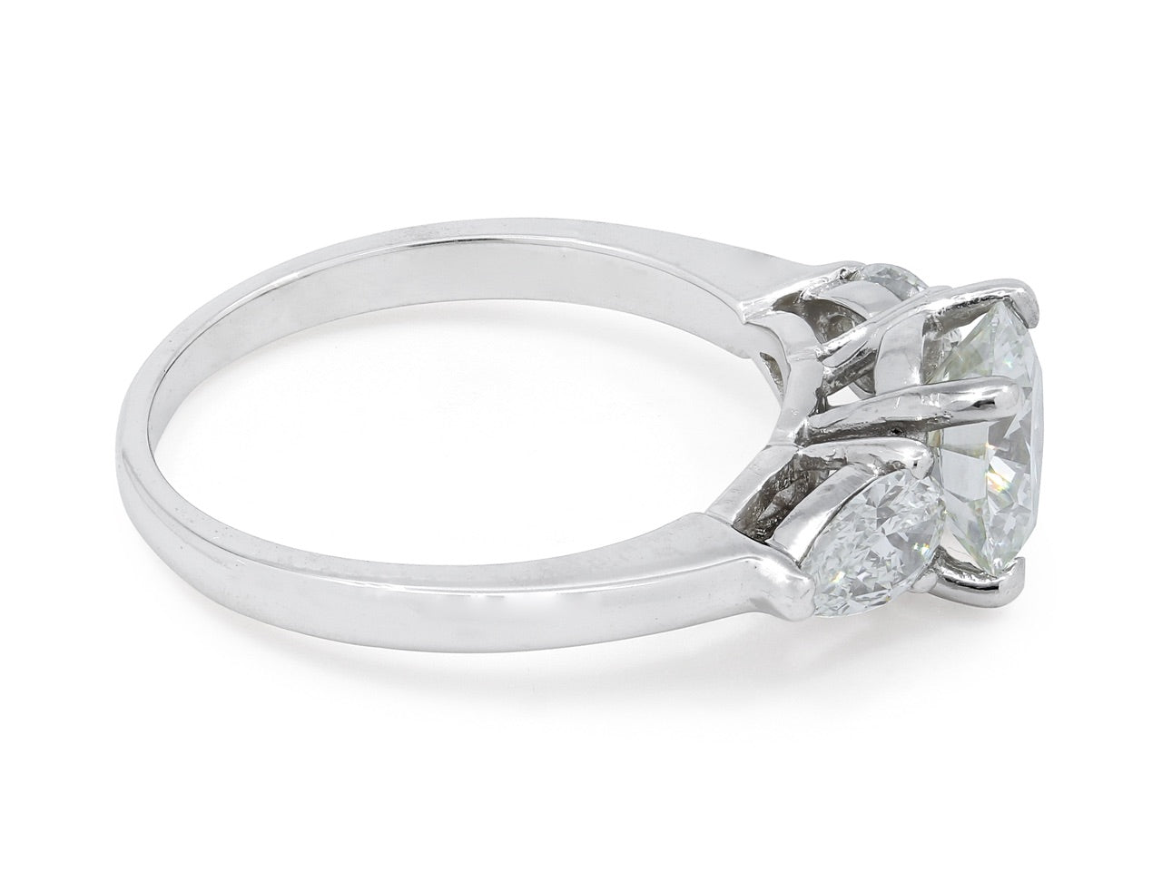 Diamond Solitaire Ring, 1.42 carat H/SI-1 with Pear-shape Diamond Shoulders, in Platinum