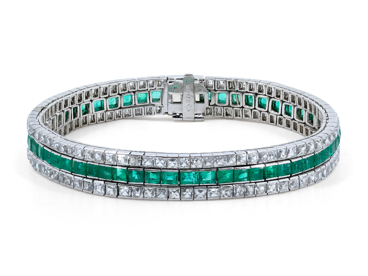 Art Deco three row emerald and French cut diamond bracelet