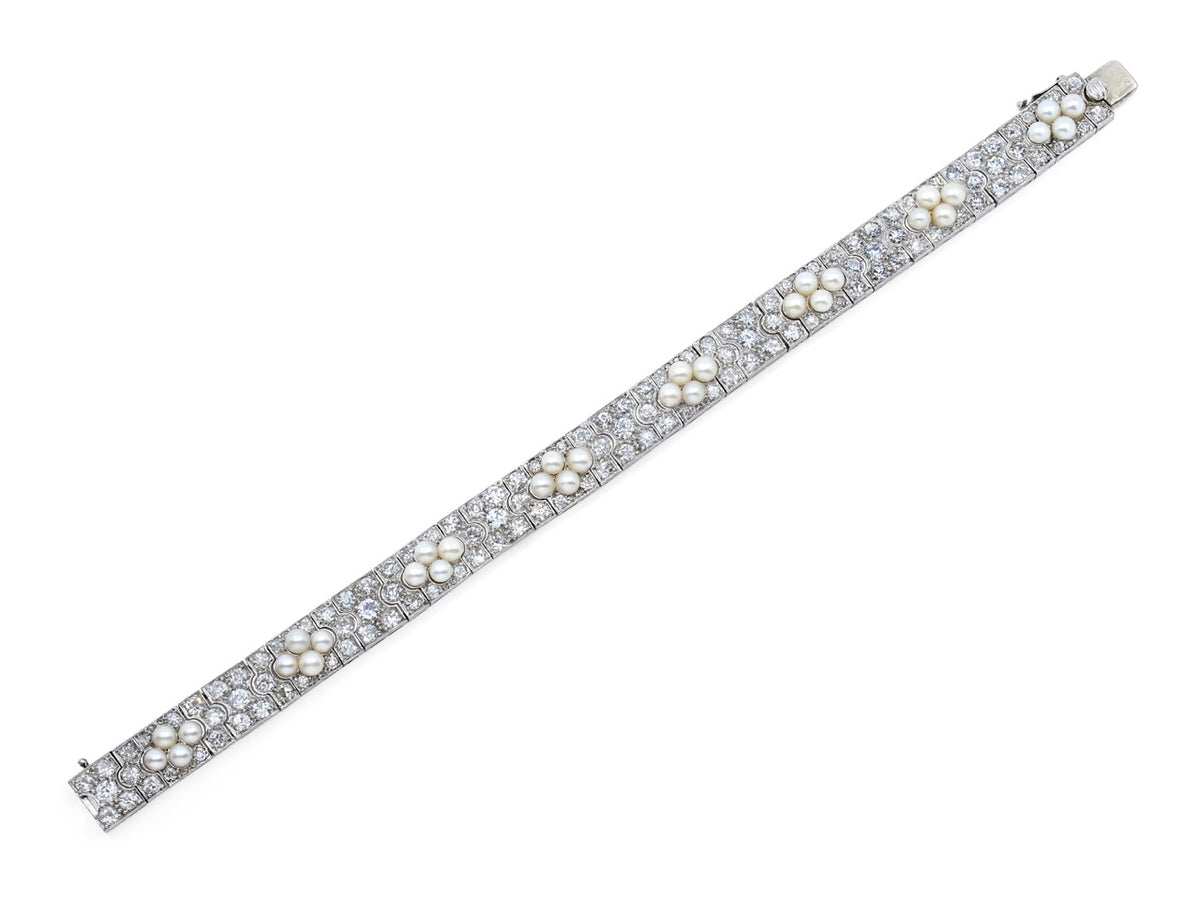 Platinum diamond and natural pearl bracelet