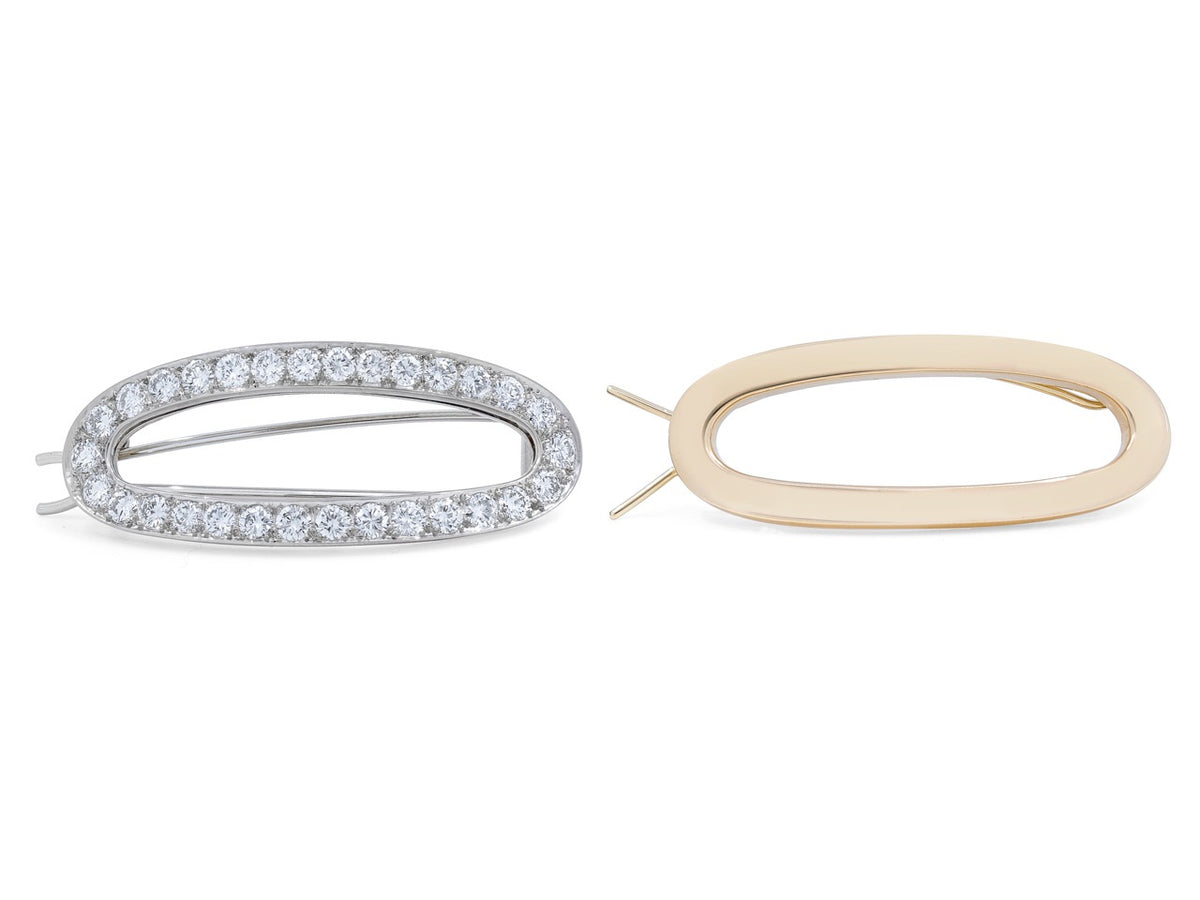 Pair of oval barrettes in yellow and diamond set white gold