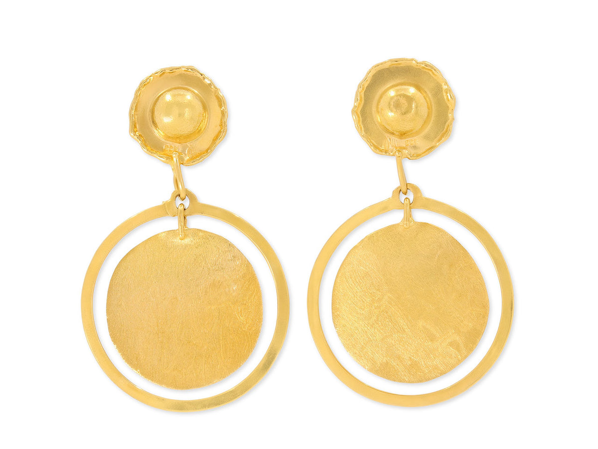 Hand hammered 22K gold earrings with round drop discs