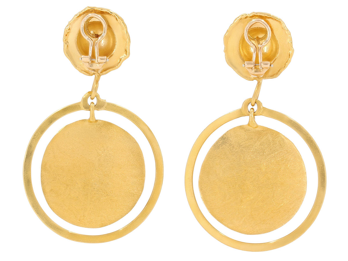 Hand hammered 22K gold earrings with discs inside open circles