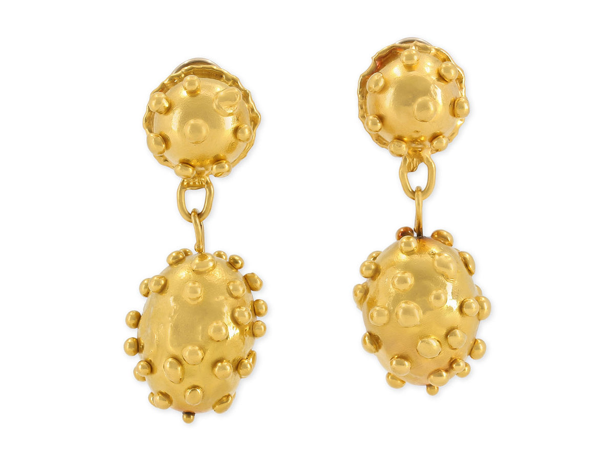 Pair of hand hammered 22K gold drop earrings with beaded oval motifs