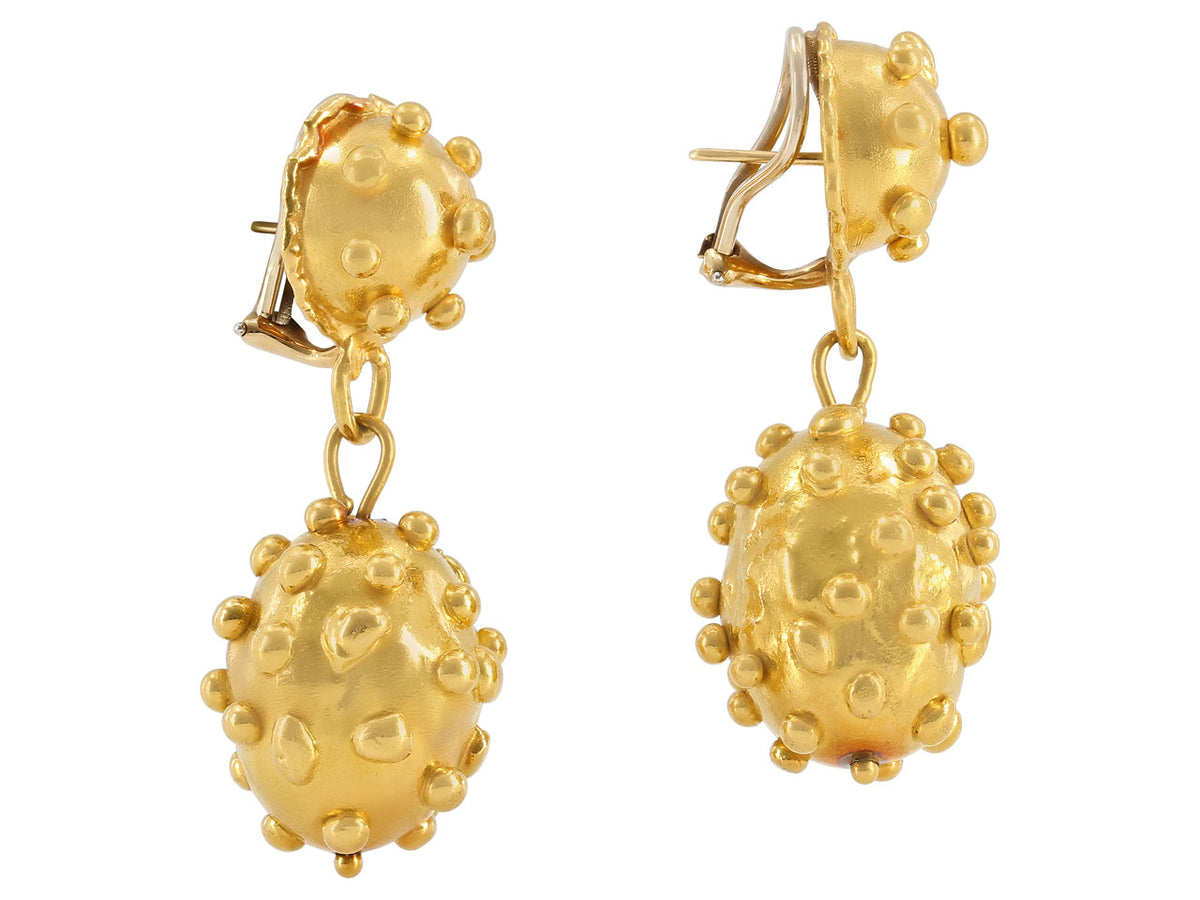 Hammered 22K gold drop earrings with raised bead details