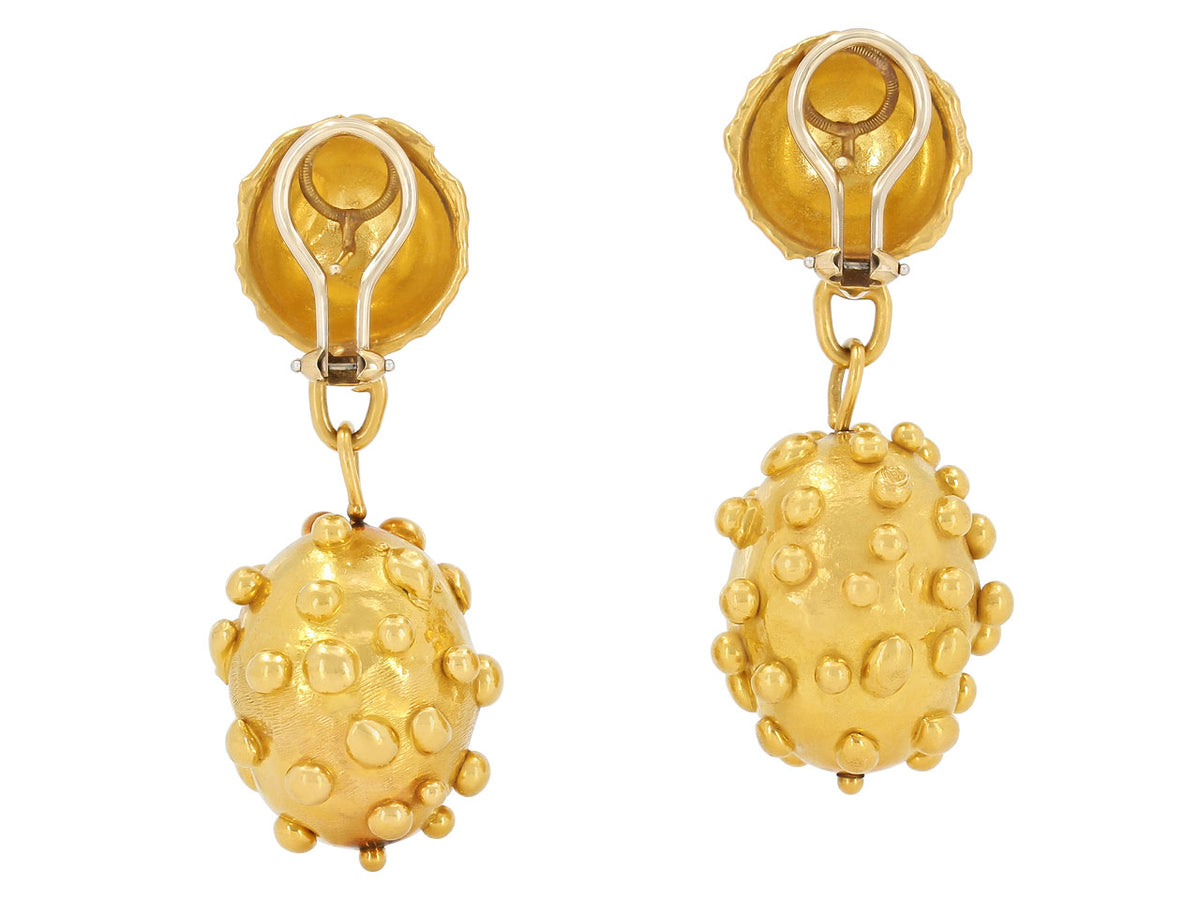 Hand hammered 22K gold earrings with beaded oval drops
