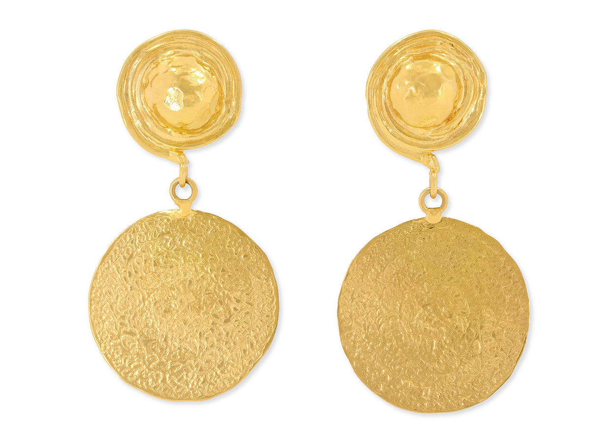 Hammered 22K gold drop earrings with round discs
