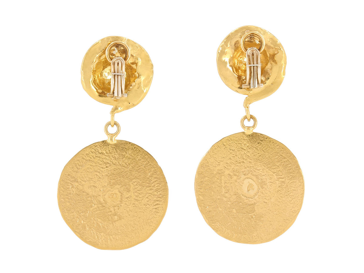 Back view of hammered 22K gold disc drop earrings