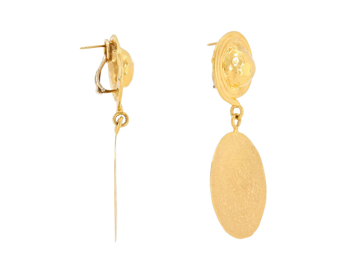 Hand hammered 22K gold earrings with domed tops and flat discs