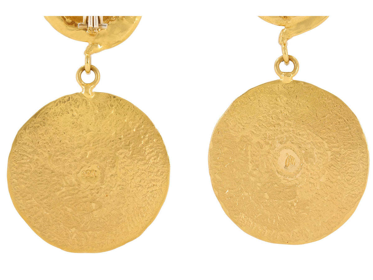 Hand hammered 22K gold earrings with large flat discs