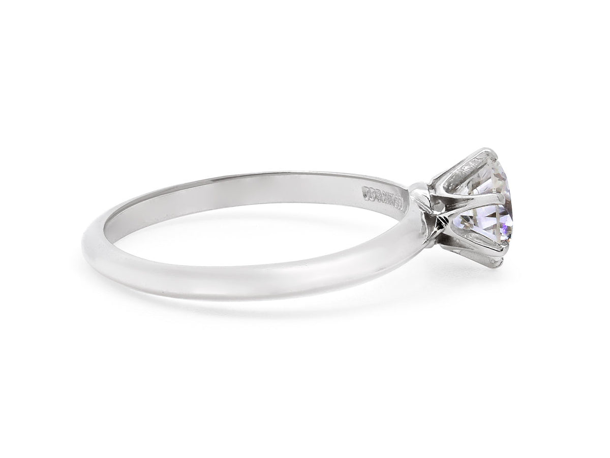 Side view of a platinum six prong diamond solitaire ring