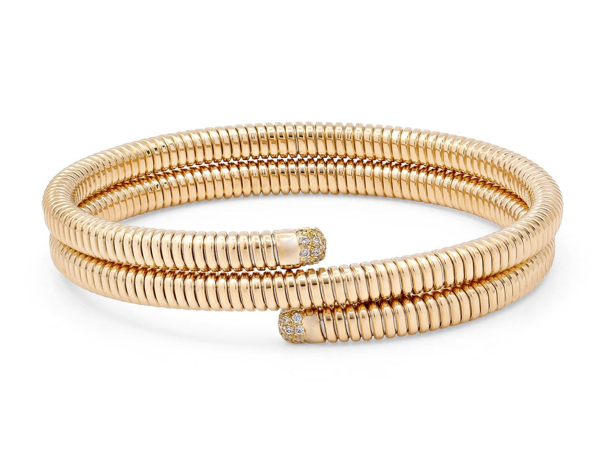 Two row 18K gold tubogas wrap bracelet with diamond terminals