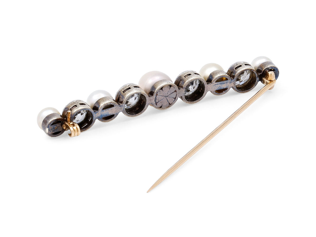 Edwardian pearl and diamond bar brooch with pin stem