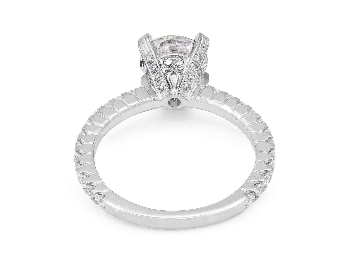 Rear view of white gold solitaire ring with diamond shoulders