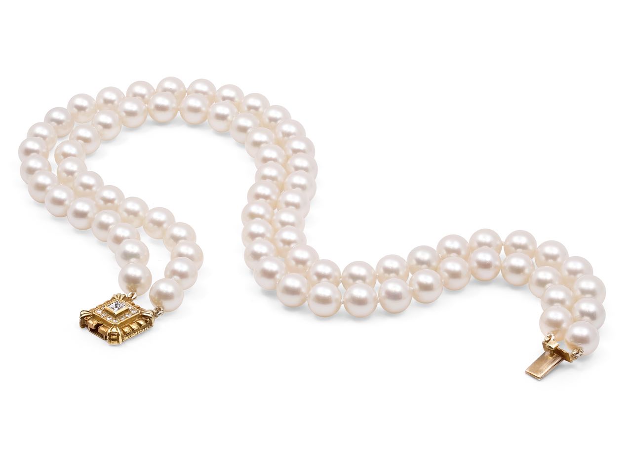 Double Strand Pearl Necklace with Diamond Clasp in 18K Gold