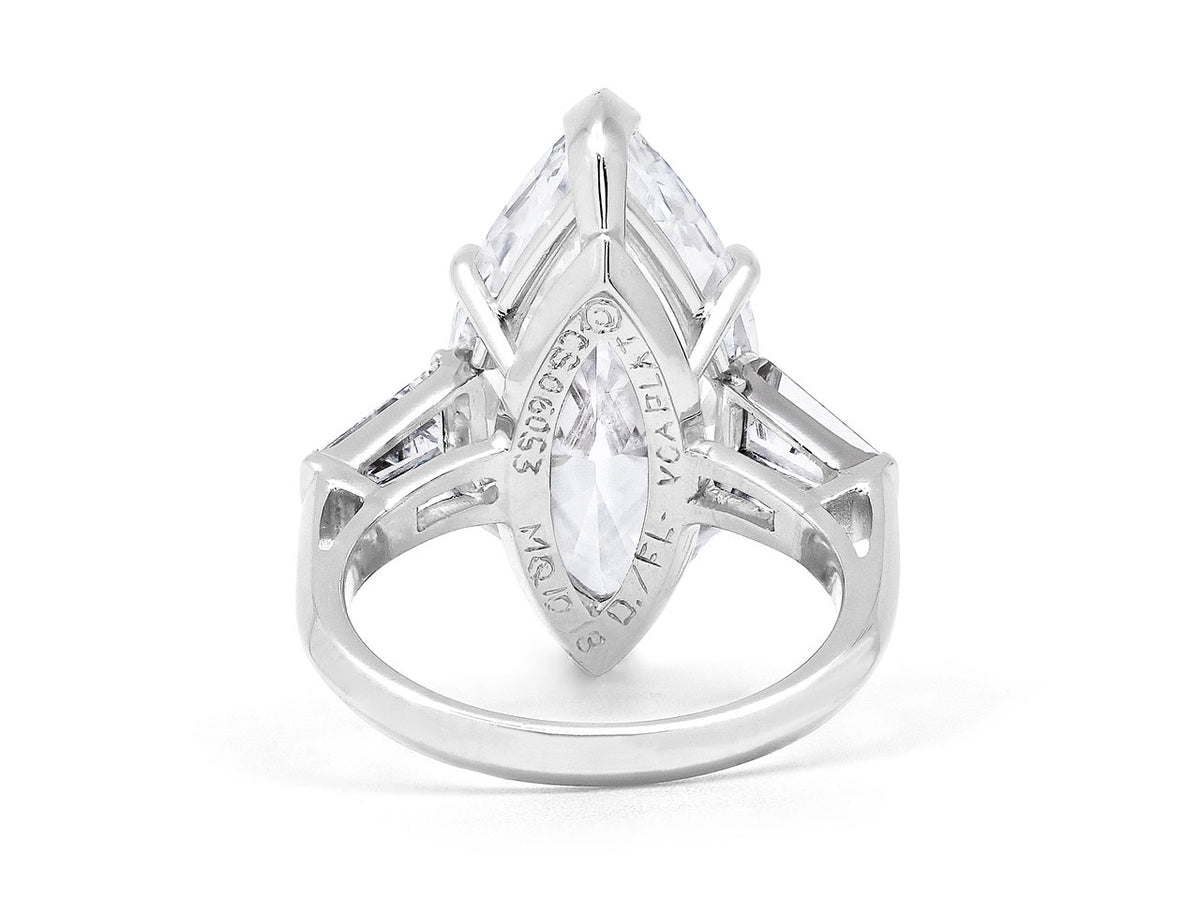 Reverse view of a platinum marquise diamond ring with open gallery