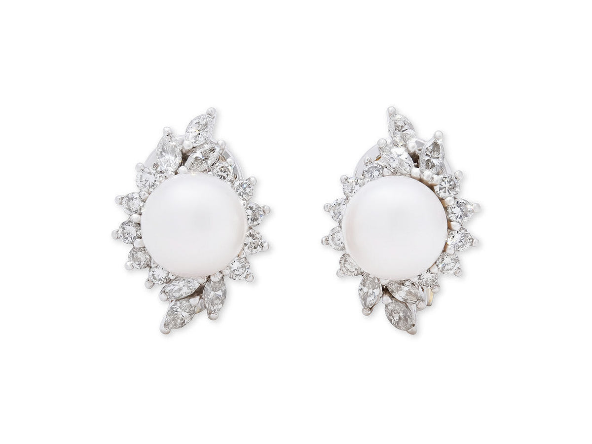 Pearl earrings with marquise diamond surrounds