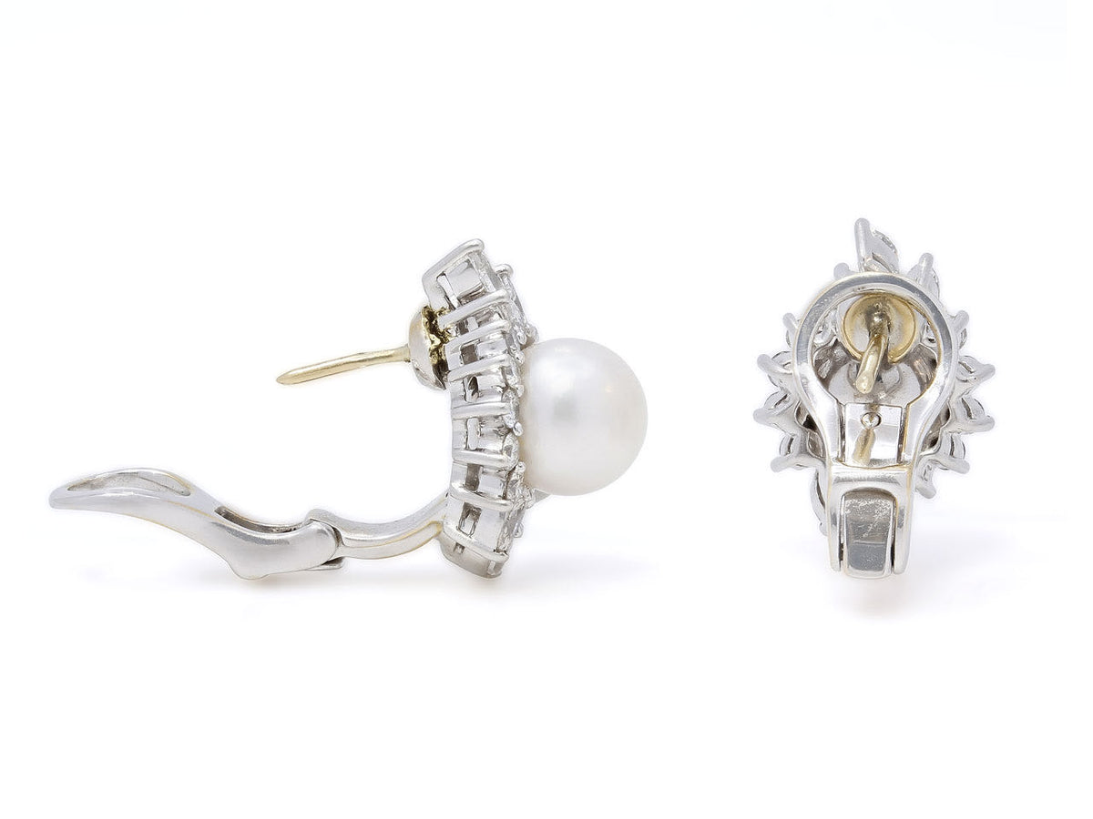Back view of pearl and diamond earrings in platinum