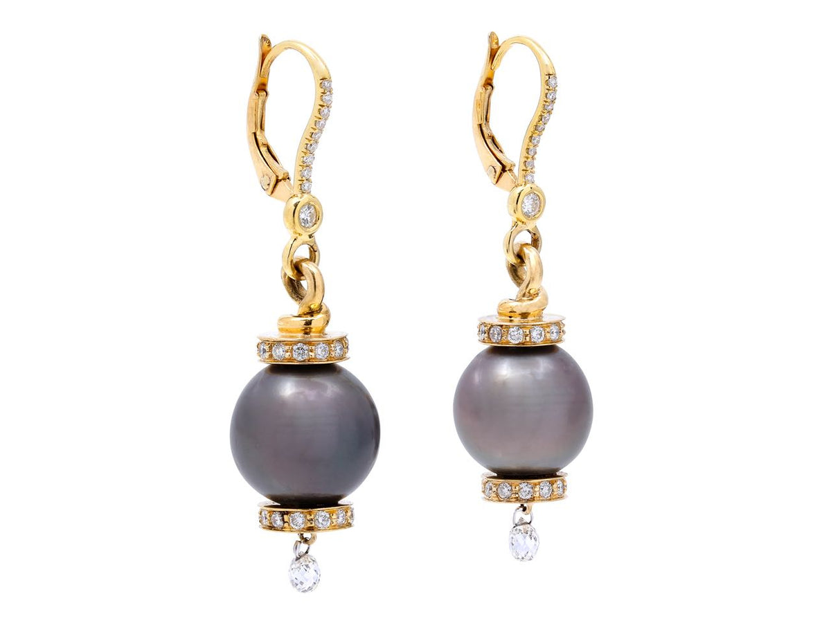 Tahitian pearl and diamond drop earrings in yellow gold