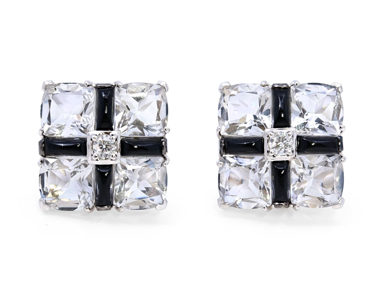 Seaman Schepps Crystal, Diamond and Onyx 'Quad' Earclips in 18K White Gold