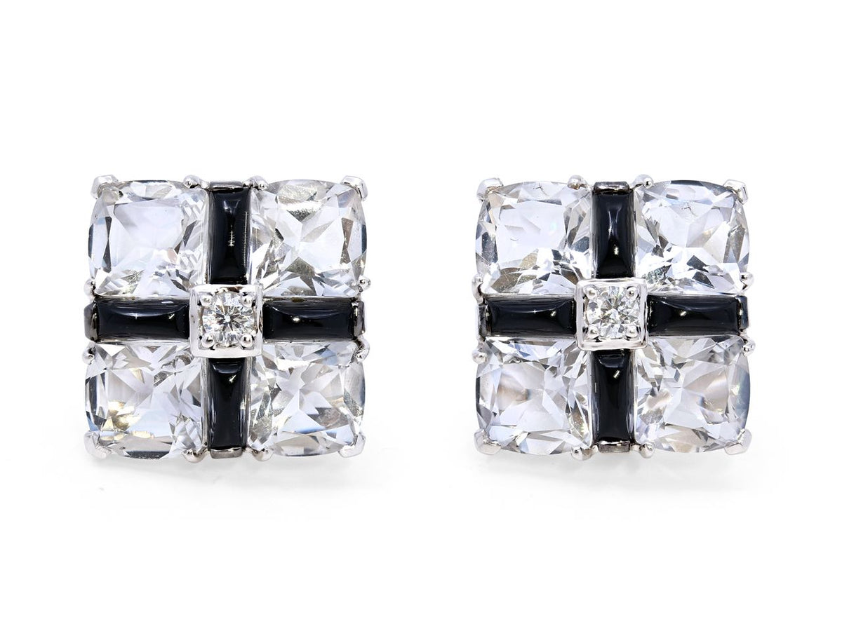 Pair of crystal and onyx earclips with diamond centers