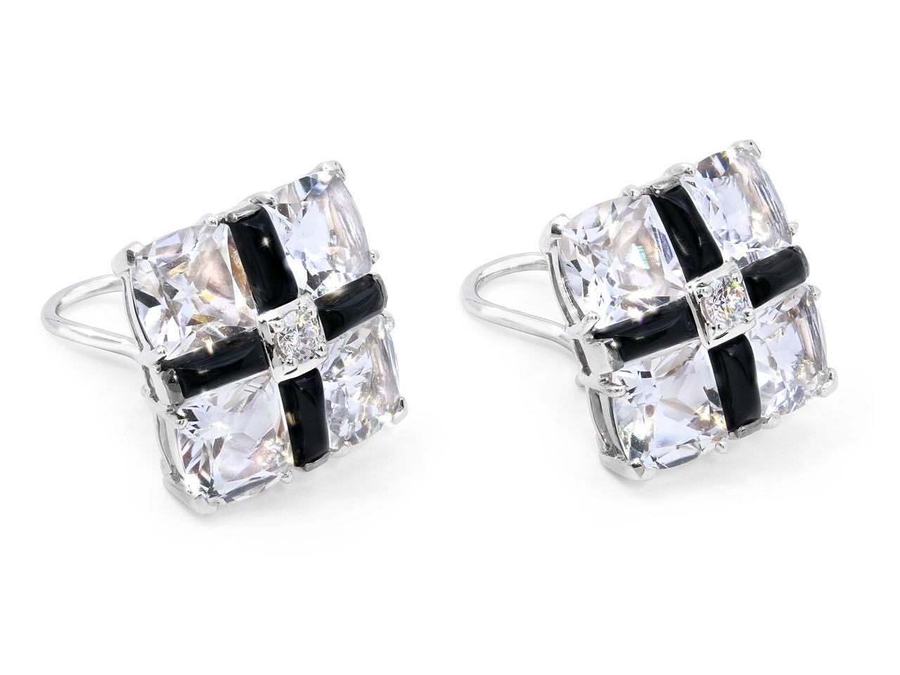 Seaman Schepps Crystal, Diamond and Onyx 'Quad' Earclips in 18K White Gold