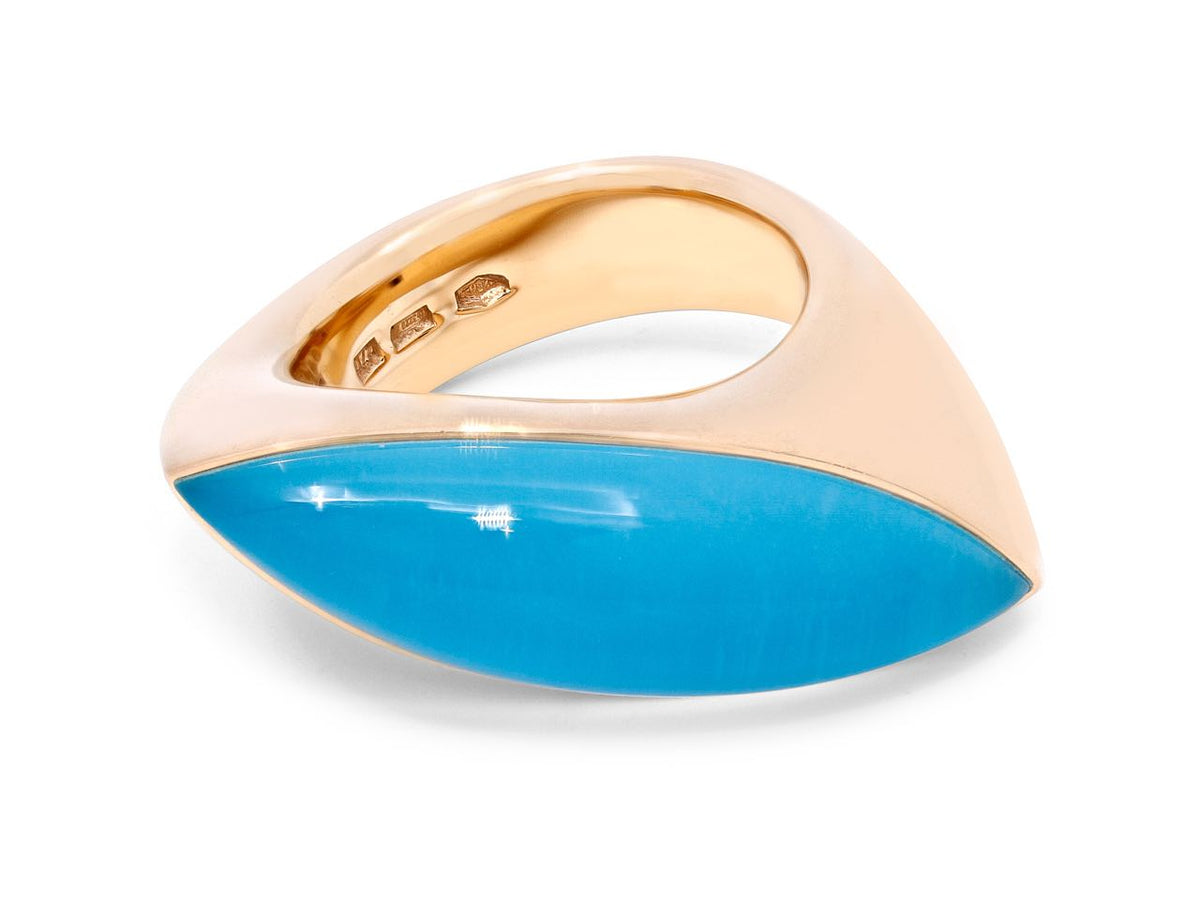 18K gold ring with marquise turquoise and rock crystal