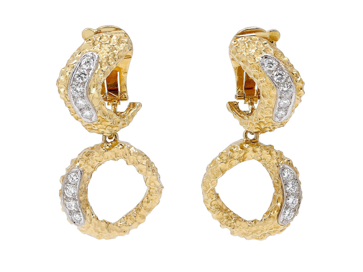 Textured 18k gold drop earrings with diamond accents
